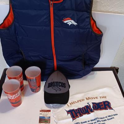 Denver Bronco's Collectibles - Vest - Cups - Cap - and a ticket stub Finl regular season game at Mile High