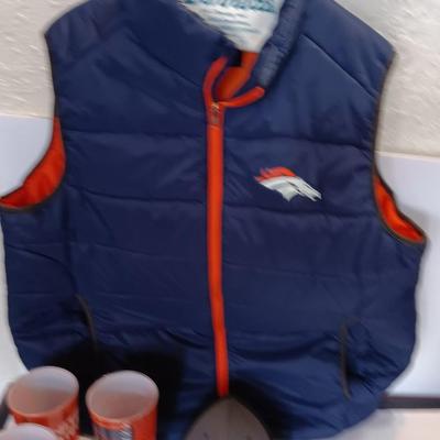 Denver Bronco's Collectibles - Vest - Cups - Cap - and a ticket stub Finl regular season game at Mile High