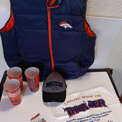 Denver Bronco's Collectibles - Vest - Cups - Cap - and a ticket stub Finl regular season game at Mile High