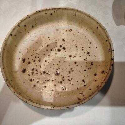 Kitchen pottery pieces, lidded pot, pie plate, and mugs