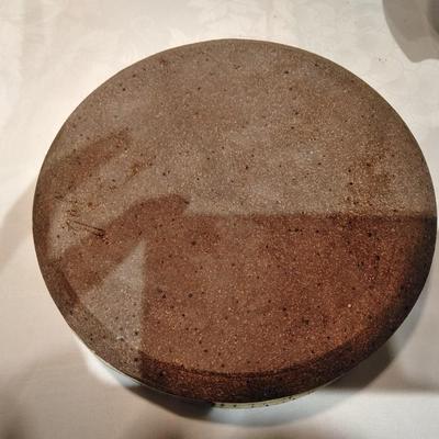Kitchen pottery pieces, lidded pot, pie plate, and mugs