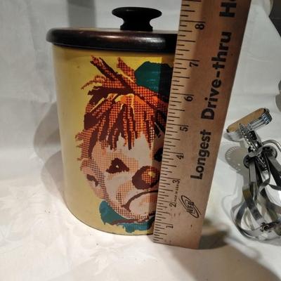 Vintage Ransburg Canister Cookie Metal Tin with vintage Kitchen Utensils