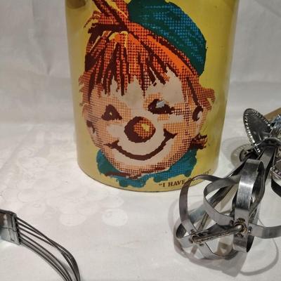 Vintage Ransburg Canister Cookie Metal Tin with vintage Kitchen Utensils