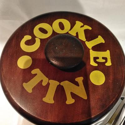 Vintage Ransburg Canister Cookie Metal Tin with vintage Kitchen Utensils