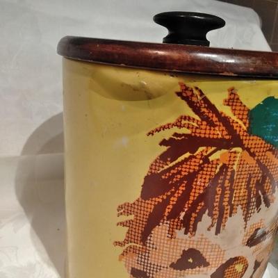 Vintage Ransburg Canister Cookie Metal Tin with vintage Kitchen Utensils