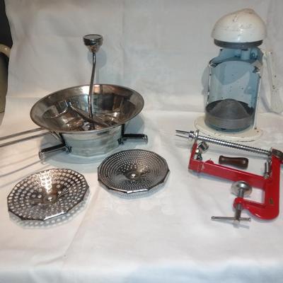 Antique Apple corer with vintage Juice o-mat juicer and stainless strainer