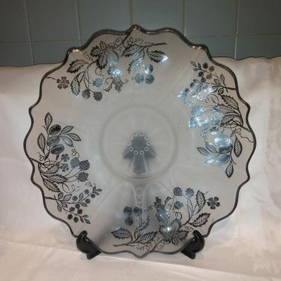 Silver City/Cambridge Glass 10 1/2" Berries Silver Overlay platter with sing black stemmed wine glass