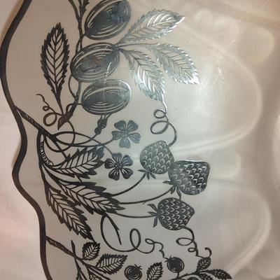 Silver City/Cambridge Glass 10 1/2" Berries Silver Overlay platter with sing black stemmed wine glass