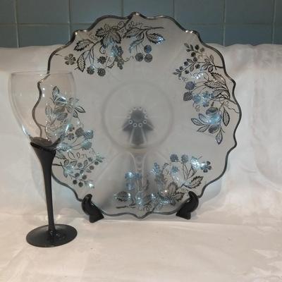 Silver City/Cambridge Glass 10 1/2" Berries Silver Overlay platter with sing black stemmed wine glass