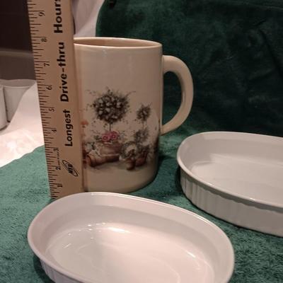 Corning ware dishes and a Vintage Yesteryears hand painted vase Marshall Texas