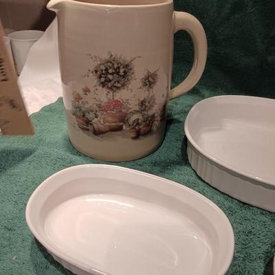 Corning ware dishes and a Vintage Yesteryears hand painted vase Marshall Texas
