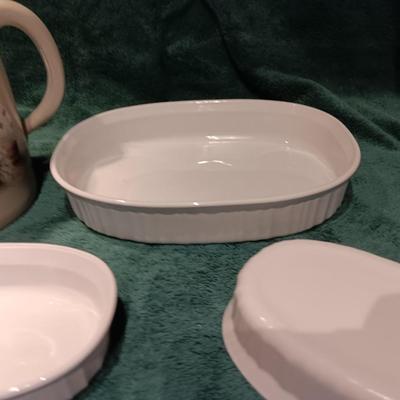 Corning ware dishes and a Vintage Yesteryears hand painted vase Marshall Texas