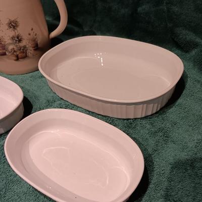 Corning ware dishes and a Vintage Yesteryears hand painted vase Marshall Texas