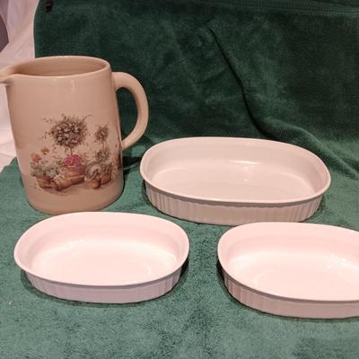 Corning ware dishes and a Vintage Yesteryears hand painted vase Marshall Texas