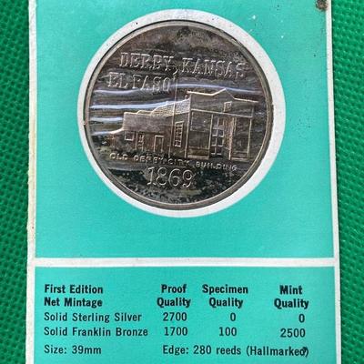 Derby, Kansas, El Paso, Centennial 1869 - 1969, Franklin Mint Specimen,  Coin, Medal, Proof, Numismatic, Medallion, Exonumia, Americana