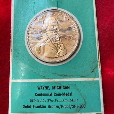 Wayne Michigan Centennial 1869 - 1969, Franklin Mint Specimen,  Coin, Medal, Proof, Numismatic, Medallion, Exonumia, General Anthony Wayne