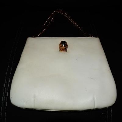 Vintage 70s Ruth Saltz Ivory Leather TIGERS Head Hinge Gold Chain Purse by Ruth Saltz