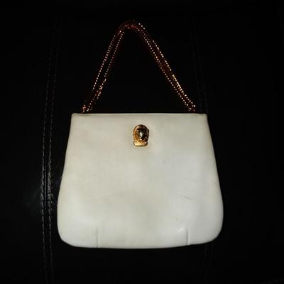 Vintage 70s Ruth Saltz Ivory Leather TIGERS Head Hinge Gold Chain Purse by Ruth Saltz