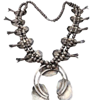 Lot #60  Vintage Sterling Artisan Squash-Blossom Style necklace