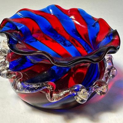 Spittoon Shape Deep Red and Blue Strip Salt