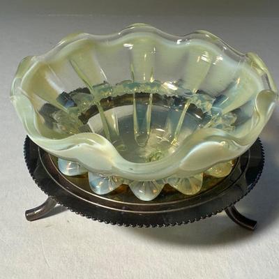 Hello Vaseline and Opalescent Ruffled fits into silver plate holder.