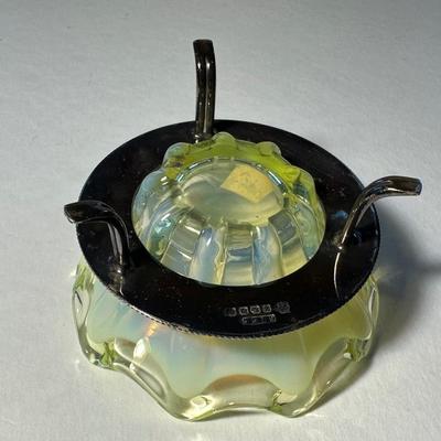 Hello Vaseline and Opalescent Ruffled fits into silver plate holder.