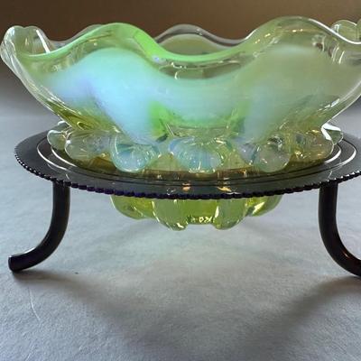 Hello Vaseline and Opalescent Ruffled fits into silver plate holder.