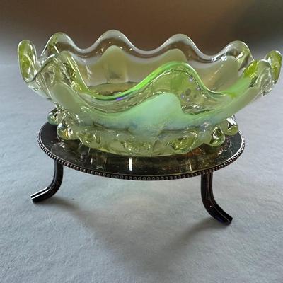 Hello Vaseline and Opalescent Ruffled fits into silver plate holder.