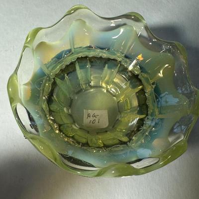 Hello Vaseline and Opalescent Ruffled fits into silver plate holder.