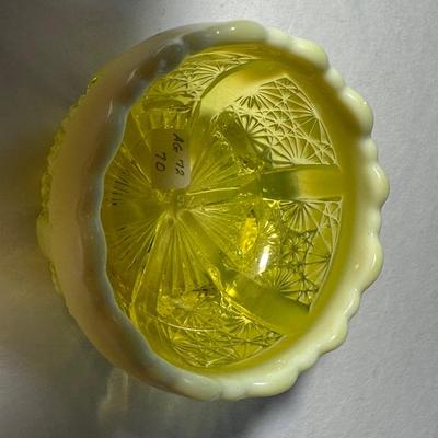 Yellow cased with white inside 3 big ruffles and filigree. Yellow Opalescent Chippendale English 1885