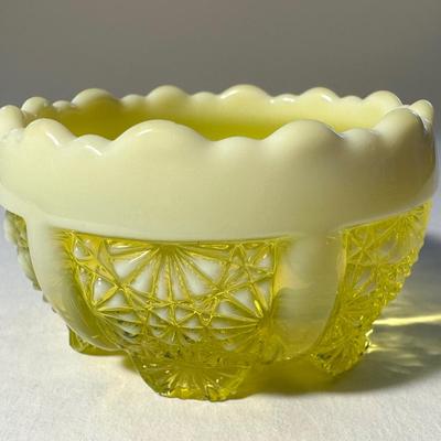 Yellow cased with white inside 3 big ruffles and filigree. Yellow Opalescent Chippendale English 1885