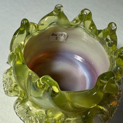 English Webb Vaseline Crown Top, Center band of filigree and half circles Vaseline, bottom Cranberry