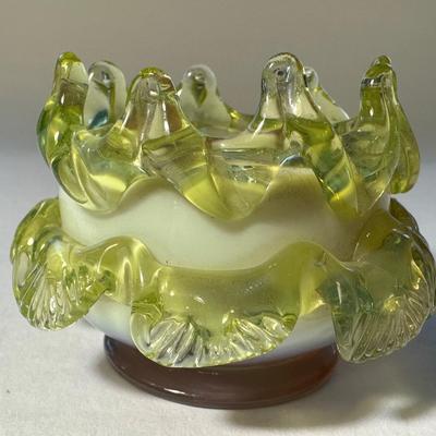 English Webb Vaseline Crown Top, Center band of filigree and half circles Vaseline, bottom Cranberry