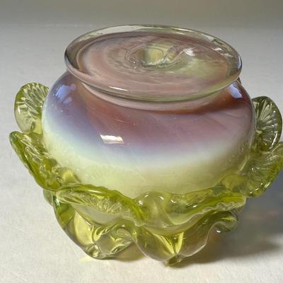 English Webb Vaseline Crown Top, Center band of filigree and half circles Vaseline, bottom Cranberry