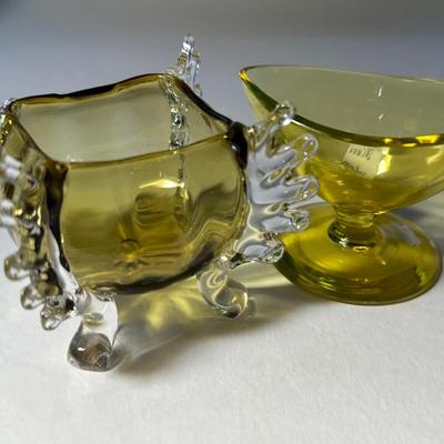 Vaseline Hand Blown Crystal Pedestal and Yellow with Clear handles four sides