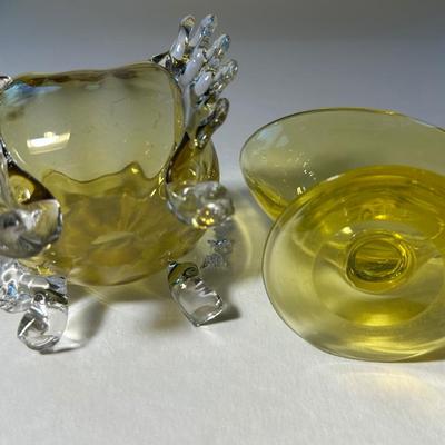 Vaseline Hand Blown Crystal Pedestal and Yellow with Clear handles four sides