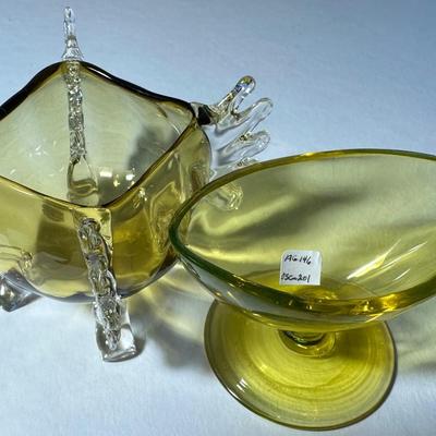 Vaseline Hand Blown Crystal Pedestal and Yellow with Clear handles four sides