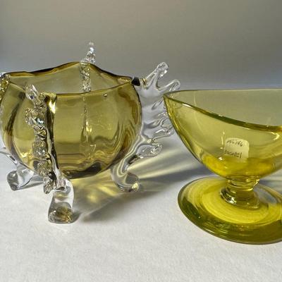 Vaseline Hand Blown Crystal Pedestal and Yellow with Clear handles four sides
