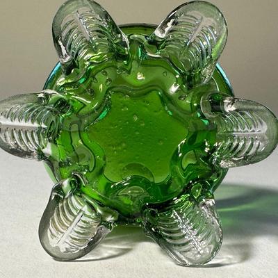 Turquoise Opalescent with stripes below to bottom and Green with Silver Band applied Rigaree Feet in clear Salts