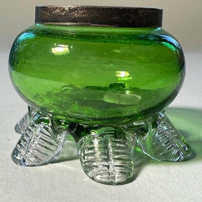 Turquoise Opalescent with stripes below to bottom and Green with Silver Band applied Rigaree Feet in clear Salts