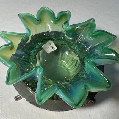 Turquoise Opalescent with stripes below to bottom and Green with Silver Band applied Rigaree Feet in clear Salts