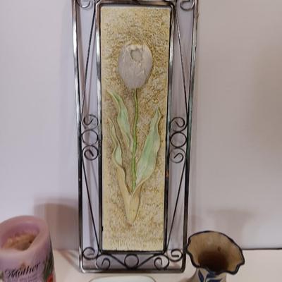 Metal framed tulip wall art with Mother candle a signed pottery vase and a Ben Rickert China dish