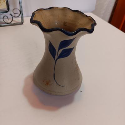 Metal framed tulip wall art with Mother candle a signed pottery vase and a Ben Rickert China dish