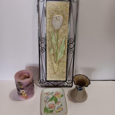 Metal framed tulip wall art with Mother candle a signed pottery vase and a Ben Rickert China dish