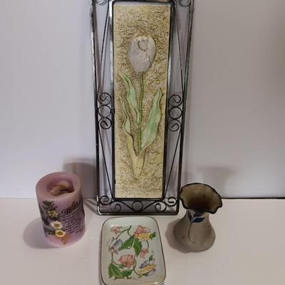 Metal framed tulip wall art with Mother candle a signed pottery vase and a Ben Rickert China dish