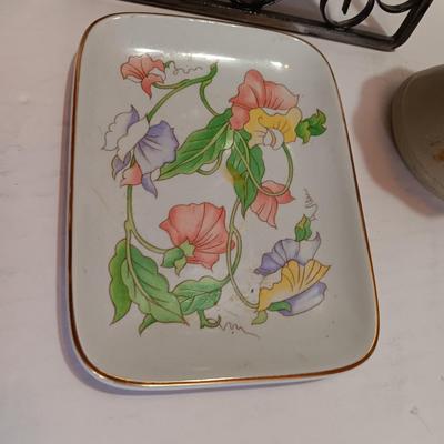 Metal framed tulip wall art with Mother candle a signed pottery vase and a Ben Rickert China dish