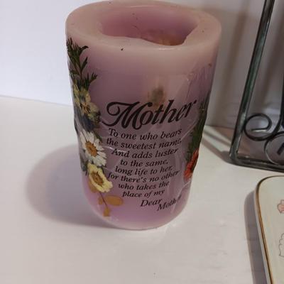 Metal framed tulip wall art with Mother candle a signed pottery vase and a Ben Rickert China dish