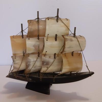 Vintage Sailing Ship Made of real Horn and a Heavy Brass Columbus Santa Maria Pirate Ship Metal