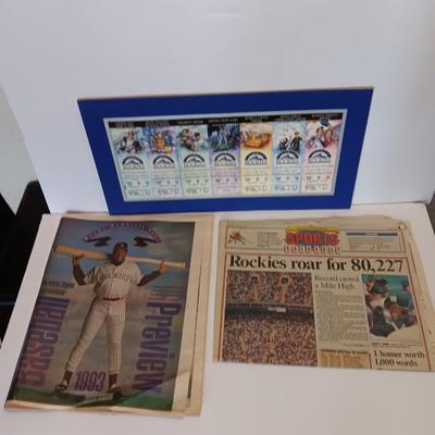 Colorado Rockies Memorabilia collectible matted Tickets and Newpapers Rockies VS Expos April 9, 1993