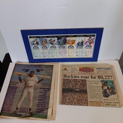 Colorado Rockies Memorabilia collectible matted Tickets and Newpapers Rockies VS Expos April 9, 1993
